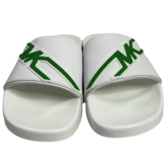 MICHAEL KORS NWT MEN’S WHITE GREEN LEATHER SLIDES SANDALS SIZE 12 - Picture 3 of 9